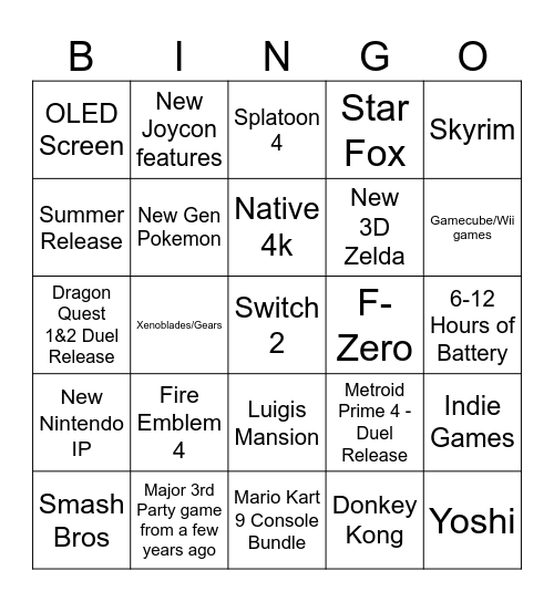 Switch 2 Bingo Card