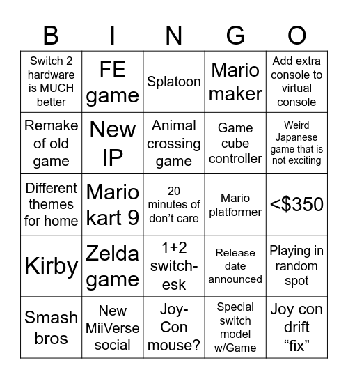 Switch 2 prediction Bingo Card