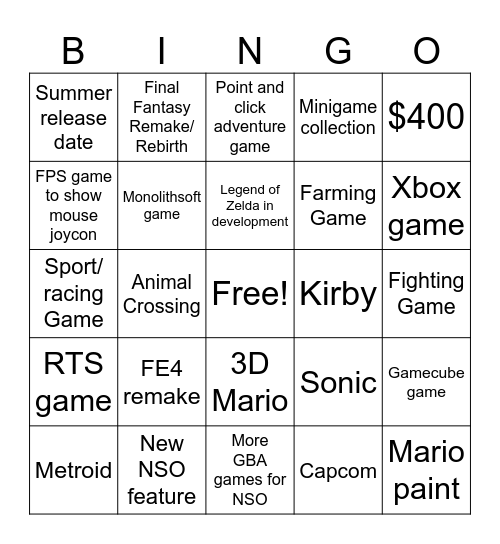 Switch 2 direct Bingo Card