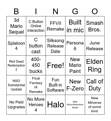 Nintendo Switch 2 Bingo Card