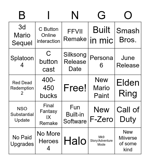 Nintendo Switch 2 Bingo Card