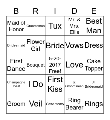 Jess' Bridal Shower Bingo Card