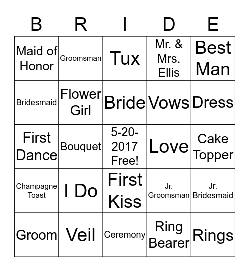Jess' Bridal Shower Bingo Card