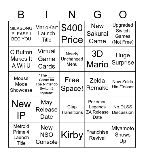 Switch 2 Direct Bingo Card