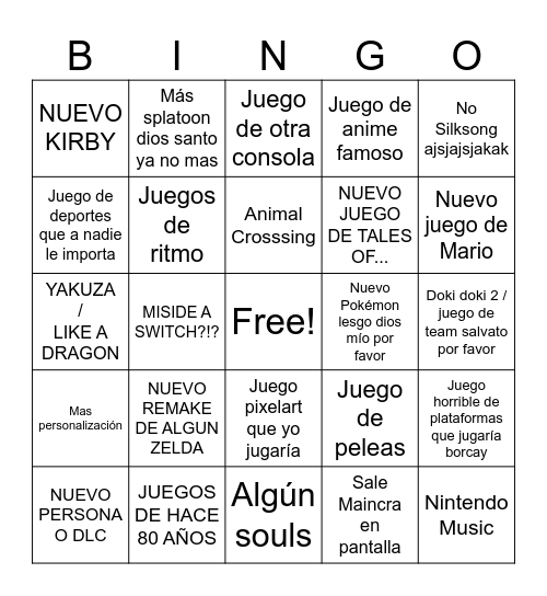 NINTENDO DIRECT Bingo Card