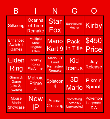 Switch 2 Direct Predictions Bingo Card