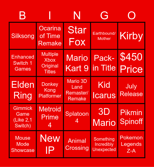 Switch 2 Direct Predictions Bingo Card