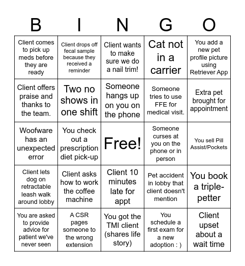 Veterinary Receptionist Bingo Card
