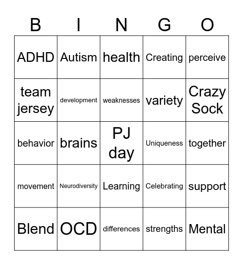 Neurodiversity Bingo Card