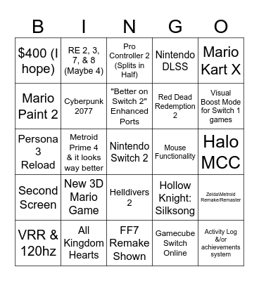 Nintendo Switch 2 Bingo Card