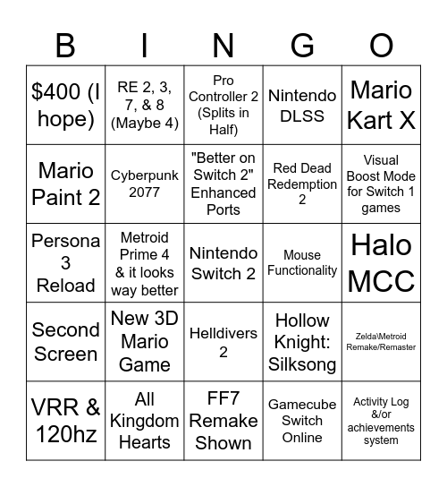 Nintendo Switch 2 Bingo Card