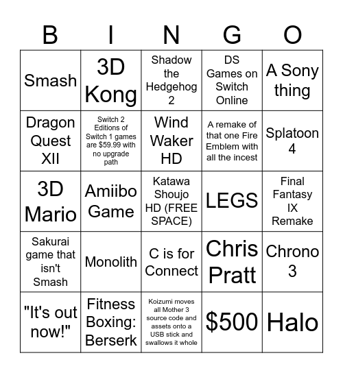 Switch Too Bingo Card