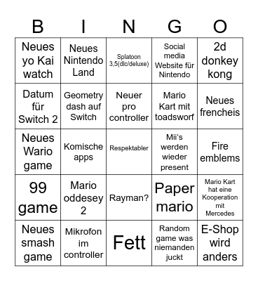 Nintendo Switch 2 direct Bingo Card