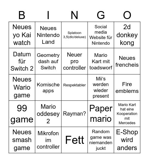 Nintendo Switch 2 direct Bingo Card