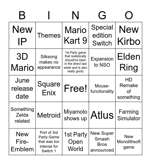 Nintendo Direct Bingo Card