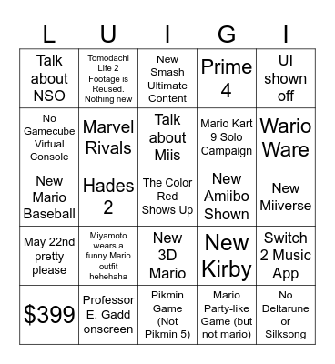 4/2/2025 Switch 2 Direct Bingo Card