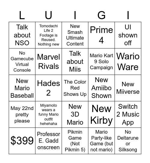 4/2/2025 Switch 2 Direct Bingo Card