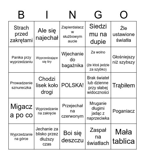 Drogowe bingo Card