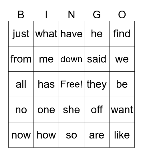 sight word bingo Card