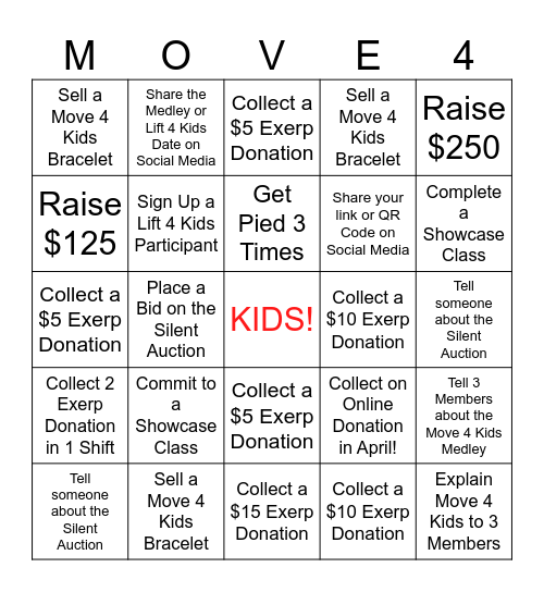 Move 4 Kids Associate Bingo Card