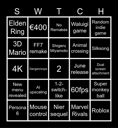 Switch 2 Bingo Card