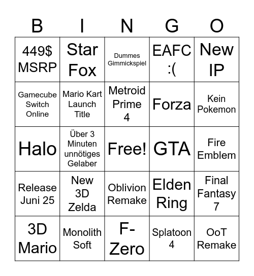 Nintendo Switch 2 Bingo Card