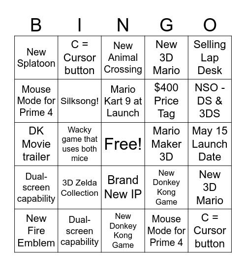 Nintendo Switch 2 Predictions Bingo Card