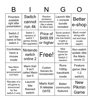 Switch 2 Bingo Card