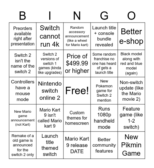 Switch 2 Bingo Card