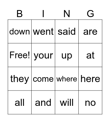 Sight Words Bingo Card