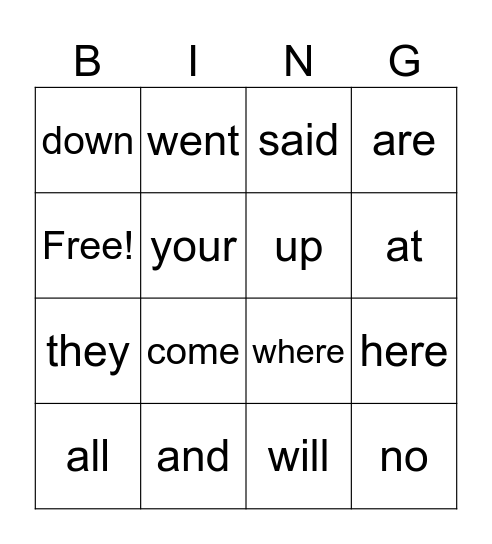 Sight Words Bingo Card