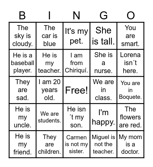 Verb to Be Bingo Card