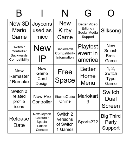 Switch 2 Direct Predictions Bingo Card