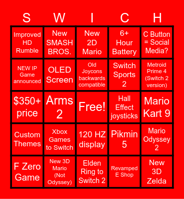 Nintendo Switch 2 Direct BINGO Card