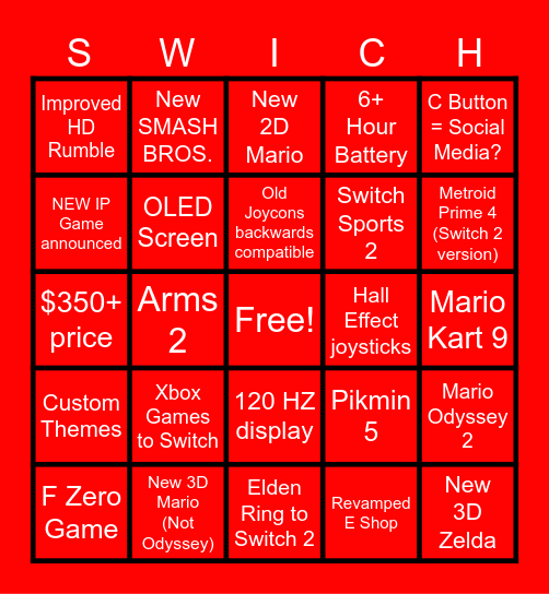 Nintendo Switch 2 Direct BINGO Card
