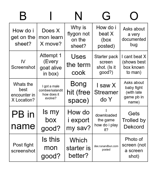 Newcomer Bingo Card