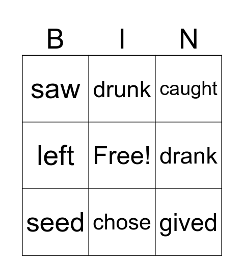 irregular verbs Bingo Card