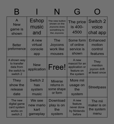 Nintendo Switch 2 Bingo Card Bingo Card