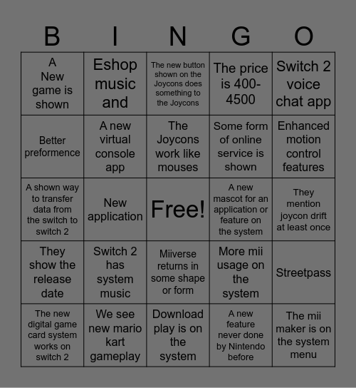 Nintendo Switch 2 Bingo Card Bingo Card