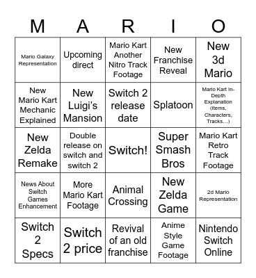 Nintendo Switch 2 Bingo Card