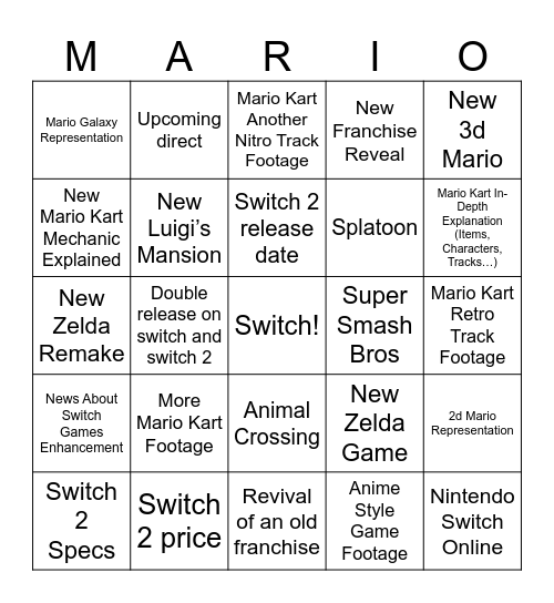 Nintendo Switch 2 Bingo Card