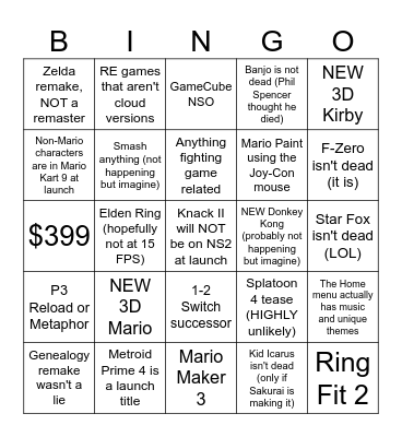 Totally Realistic Nintendo Switch 2 Bingo Card