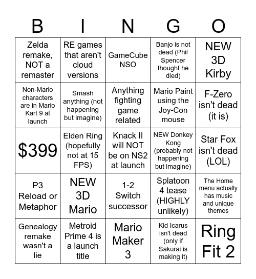 Totally Realistic Nintendo Switch 2 Bingo Card