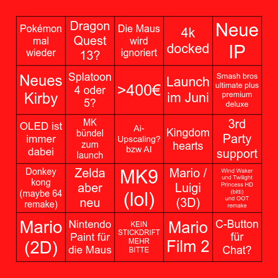 Lukas tolle Nintendo ideen Bingo Card