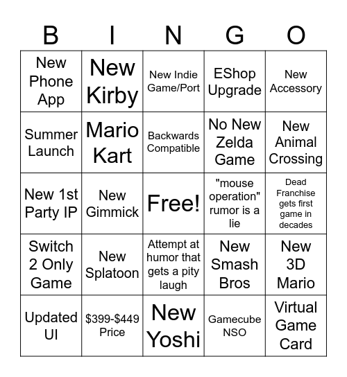 Switch 2 Bingo Card