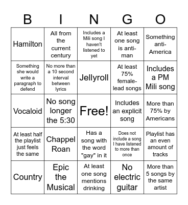 Rose Playlist Bingo Card