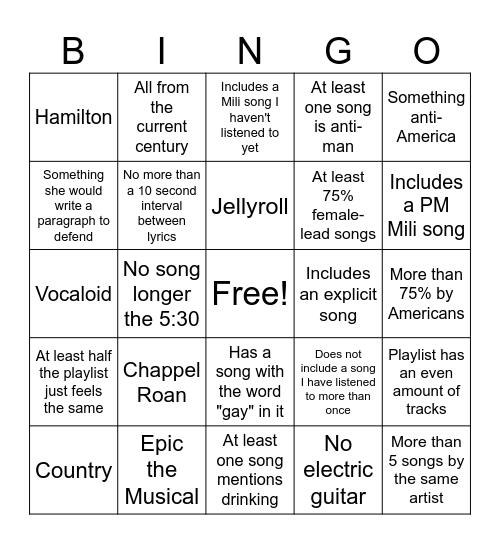 Rose Playlist Bingo Card