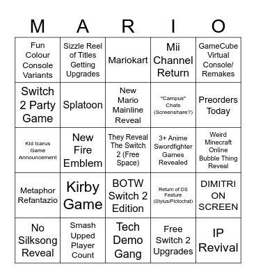 Nintendo Direct - Switch 2 Bingo Card