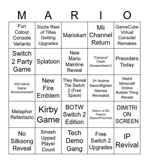 Nintendo Direct - Switch 2 Bingo Card