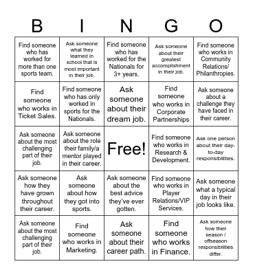 Career in Sports Day - Department Fair Bingo Card